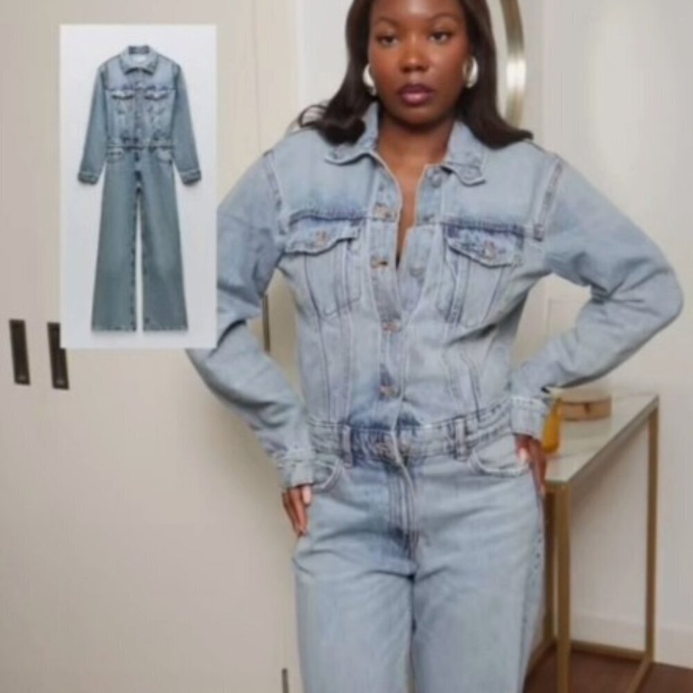 ZARA WOMAN WIDE-LEG DENIM TRF JUMPSUIT FADED BLUE SIZE XS 8197 049/400 - Picture 3 of 6